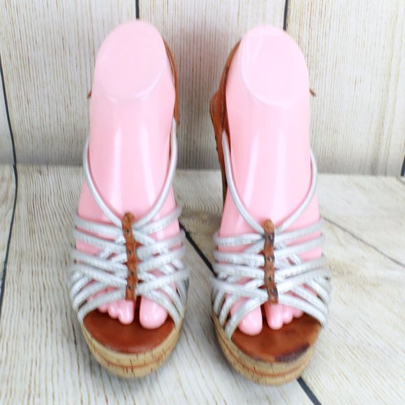 Frye Lena White Leather Strappy Sling Back Cork Platform Heeled Sandals 7 M - Picture 5 of 9